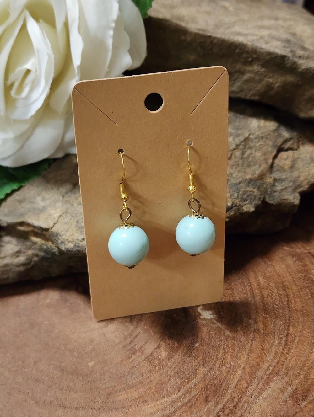 Hand Crafted Dangle Earrings With Robin Egg Blue Acrylic Ball Beads